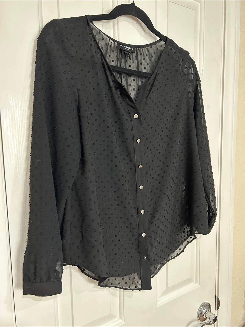 I.N. Studio Petite Black Swiss Dot Button-Down Blouse PS